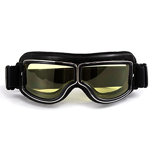 evomosa Retro Motorradbrille Motocross Lederbrille für Damen und Herren Sonnenbrille - Schwarzer Rahmen, gelbes Glas von evomosa