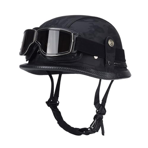 fUfIzU Vintage-Helme, Halbgesichtshelm, PU-Leder, Motorrad-Halbgesichtshelm, Motorrad-Cruiser, Winddichte Windschutzbrille,C,M(57~58CM) von fUfIzU