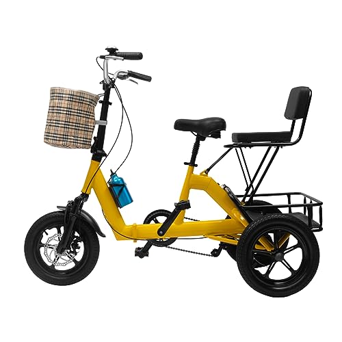 fennnds 14 Zoll Erwachsenen Faltbares Dreirad 3 Räder Adult Fahrrad Mit LED Licht Gemüsekorb & Becherhalter Tricycl Fahrrad Cruise Bikes für 1,55-1,8m Erwachsenen und Senioren (Gelb) von fennnds