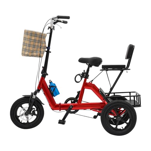 fennnds 14 Zoll Erwachsenen Faltbares Dreirad 3 Räder Adult Fahrrad Mit LED Licht Gemüsekorb & Becherhalter Tricycl Fahrrad Cruise Bikes für 1,55-1,8m Erwachsenen und Senioren (Rot) von fennnds