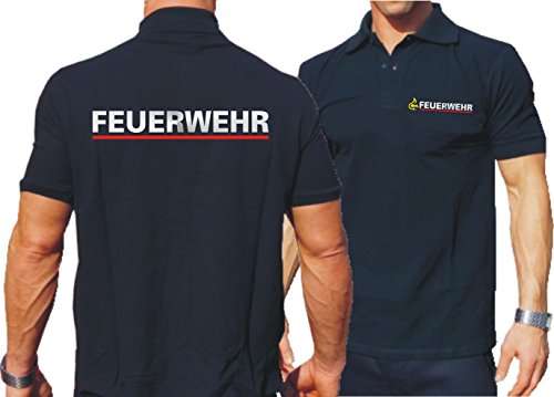 feuer1 Poloshirt Navy, BaWü Stauferlöwe nach VwV mit Rückendruck Feuerwehr (Silber/rot) von feuer1