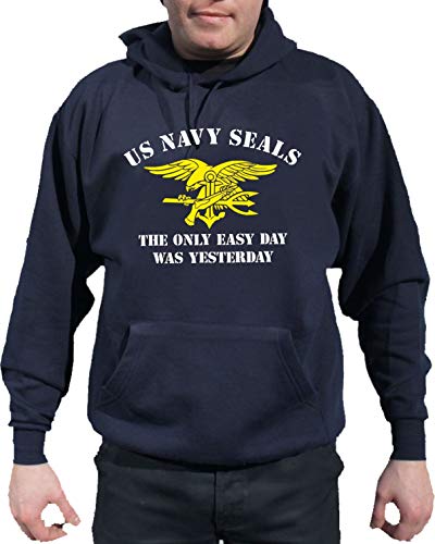 feuer1 Hoodie Navy, Navy Seals - The Only Easy Day was Yesterday (Weiss/gelb) von feuer1