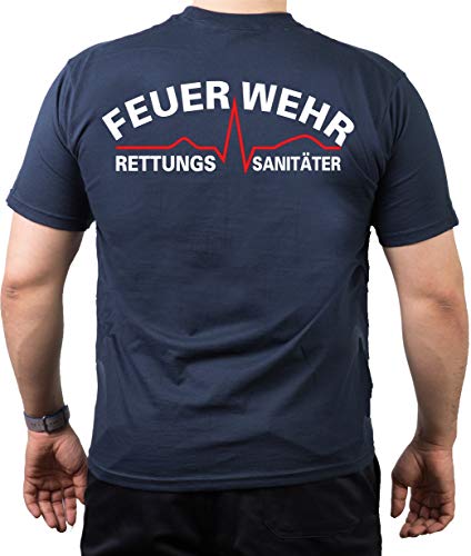 feuer1 T-Shirt Feuerwehr - RETTUNGSSANITÄTER mit Herzrhythmus - Weiss/rot, beidseitig von feuer1