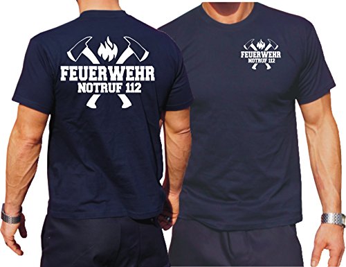 feuer1 T-Shirt Navy, Feuerwehr Notruf 112 mit Äxten von feuer1