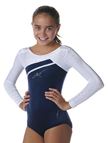 Fischer 8035"Schöner Gymnastikanzug mit Glitzerstreifen und Glitzerstoff Samt, Ökotex 100 Zertifiziert, Größe: 152, Farbe: Marine-blau von ff FISCHER