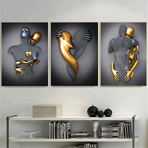 fikujap 3er Kunst Modern Poster Set - 3D Grau Gold Metallfigur Statue Kunst Liebe Herz Umarmungen Kuss Bilder Wandkunst Deko - Ohne Rahmen - Wanddeko Wand Wohnzimmer (50x70cm) von fikujap