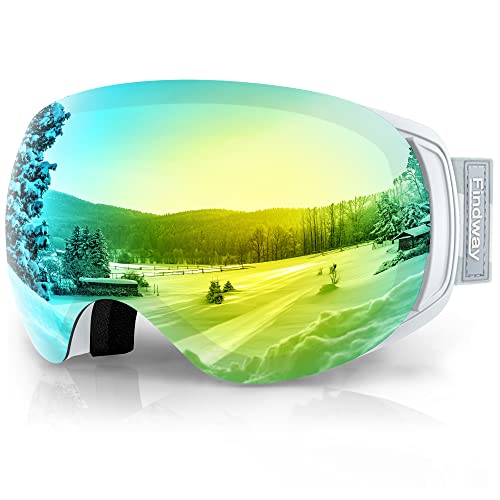 Findway Skibrille für Brillenträger Herren Damen,Snowboardbrille mit Magnetischen Wechselgläsern, Gold Verspiegelt Snowboard Brille Magnet Brillenträger Polarisierend von Findway