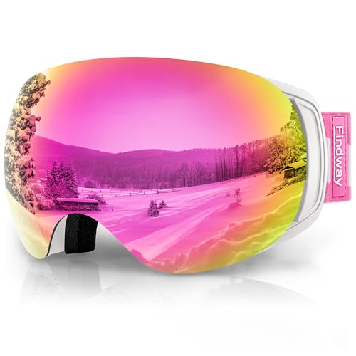 Findway Skibrille für Brillenträger Herren Damen,Snowboardbrille mit Magnetischen Wechselgläsern, Rosa Verspiegelt Snowboard Brille Magnet Brillenträger Polarisierend von Findway