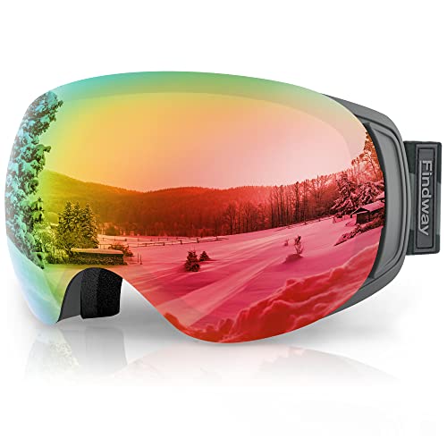 Findway Skibrille für Brillenträger Herren Damen,Snowboardbrille mit Magnetischen Wechselgläsern, Rot Verspiegelt Snowboard Brille Magnet Brillenträger Polarisierend von Findway