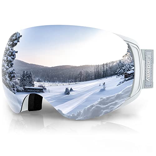 Findway Skibrille für Brillenträger Herren Damen,Snowboardbrille mit Magnetischen Wechselgläsern, Silber Verspiegelt Snowboard Brille Magnet Brillenträger Polarisierend von Findway
