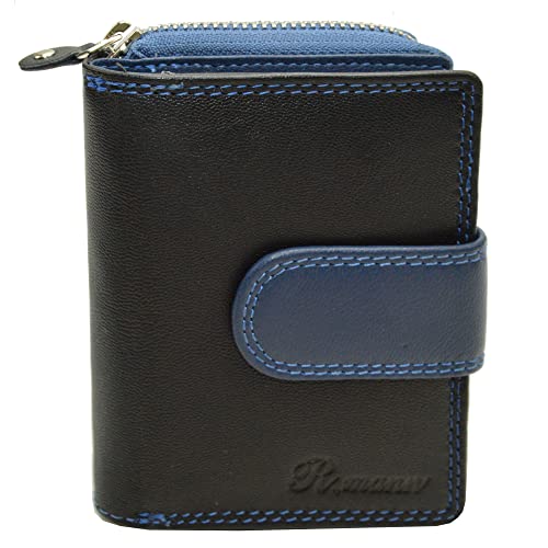 flevado Damen Geldbörse Brieftasche RFID Schutz Riegelverschluss 4 Münzfächer Echt Leder (Schwarz-Blau) von flevado
