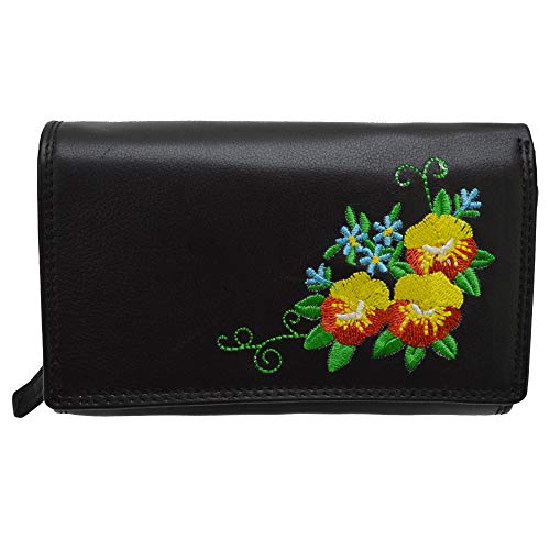flevado Gestickte Blumen Muster Damen Leder Geldbörsen Damen Portemonnaie mit viel Stauraum schwarz von flevado