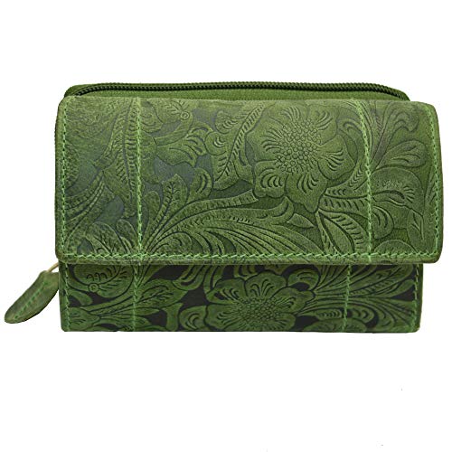 flevado Portemonnaie Damen Wildleder oder Glatt Leder Geldbörse in vielen Farben RFID Schutz (Grün-Blumenmuster) von flevado