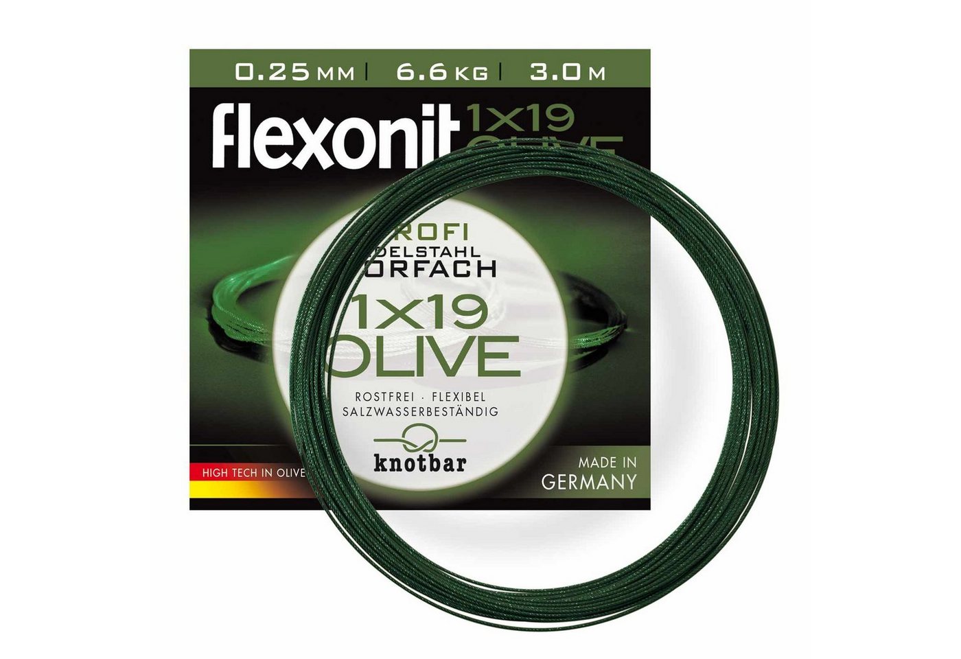 flexonit Vorfachschnur, 3 m Länge, flexonit Olive 1x19 Meterware 0,25 mm Länge 3m Stahlvorfach Raubfischvorfach von flexonit
