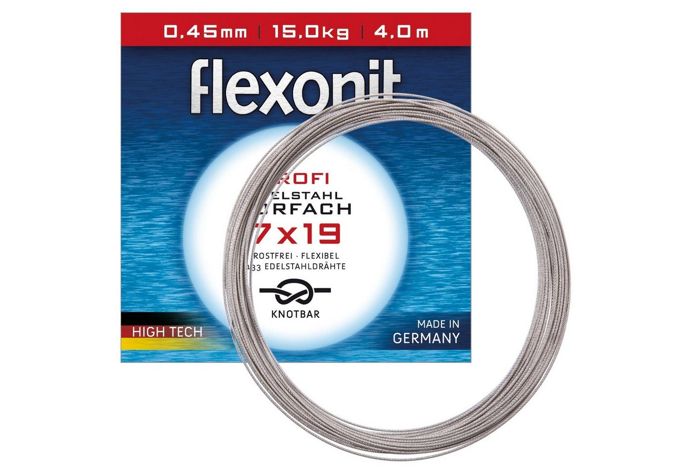 flexonit Vorfachschnur, 4 m Länge, flexonit 7x19 Silber Meterware 0,45mm 15,0kg 4m Stahlvorfach von flexonit