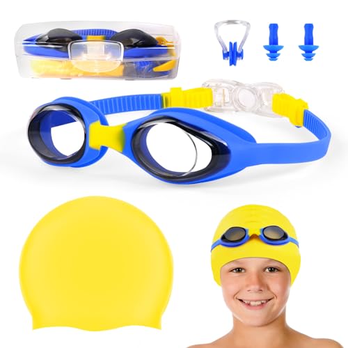 flintronic Schwimmbrille Kinder, Antibeschlag + UV-Schutz Schwimmbrille mit Schwimmkappe, keine auslaufende weiche Silikon-Nasenstegbrille für Mädchen und Jungen-Gelb & Blau von flintronic