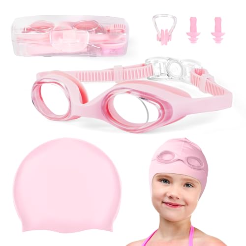 flintronic Schwimmbrille Kinder, Antibeschlag + UV-Schutz Schwimmbrille mit Schwimmkappe, keine auslaufende weiche Silikon-Nasenstegbrille für Mädchen und Jungen-Rose von flintronic
