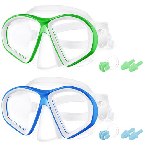 flintronic Taucherbrille Kinder, Anti-Leck Schnorchelmaske, Antibeschlag-Taucherbrille mit Ohrstöpseln & Nasenclip, Anti-UV-Schwimmbrille für Kinder im Alter von 4-12, (2er Pack-Blau+Grün) von flintronic