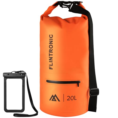 flintronic Wasserdichter Packsack, Wasserdichter Dry Bag, Schwimmender Trockenrucksack Strandtasche, mit Schultergurt und wasserfester Handyhülle für Boot/Kajak/Angeln/Rafting/Schwimmen (Orange, 20L) von flintronic