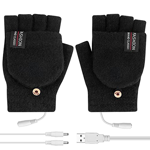 Flintronic USB Beheizte Handschuhe, Waschbares Heizung Stricken Handschuhe, Winter-Heiz-Handschuhe, Volle und Halbe Hände, Warme Laptophandschuhe für Damen & Herren, für Indoor und Outdoor, Schwarz von flintronic