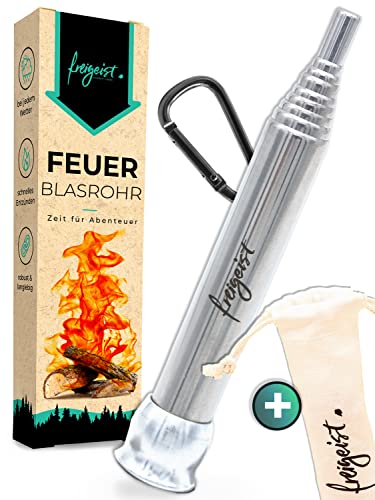 freigeist® Blasrohr Feuer | Feuerrohr aus hochwertigem Edelstahl | Teleskop Blasrohr für Dein nächstes Camping Feuer | Feuerblasrohr mit Transportbeutel und Karabiner | + Geschenkverpackung von freigeist ESPRIT LIBRE