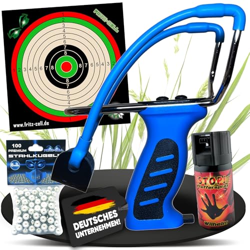 Fritz-Cell Profi Weitschuss Zwille Steinschleuder blau mit verstecktem Magazin Sport Outdoor Slingshot mit Stahlkugeln 8mm, Pfefferspray, Zielscheiben von fritz-cell