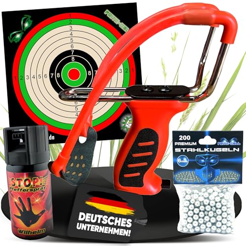 Fritz-Cell Profi Weitschuss Zwille Steinschleuder mit verstecktem Magazin Sport Outdoor Slingshot mit Pfefferspray, Stahlkugeln 6mm, Zielscheiben von fritz-cell