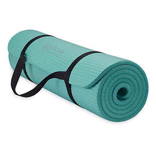 Gaiam Essentials, Dicke Yogamatte, Fitness- und Trainingsmatte mit leicht zu verwendendem Yogamatten-Tragegurt, 183 cm L x 61 cm B x 1 cm dick, Blaugrün von Gaiam