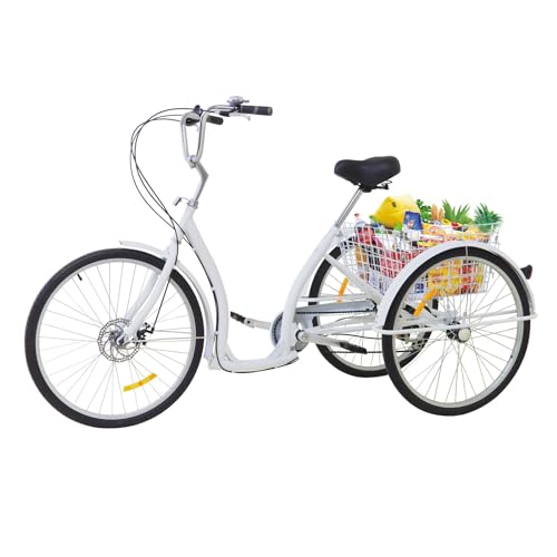 gegeweeret 26inch Erwachsenes Dreirad, 6-Geschwindigkeits-Fahrrad 3-Rad-Fahrrad-Kreuzfahrt-Trike, Radfahren Fahrrad für Outdoor-Sport-Shopping, Einstellbare Fahrzeughöhe, Griff und Sitz (Weiß) von gegeweeret