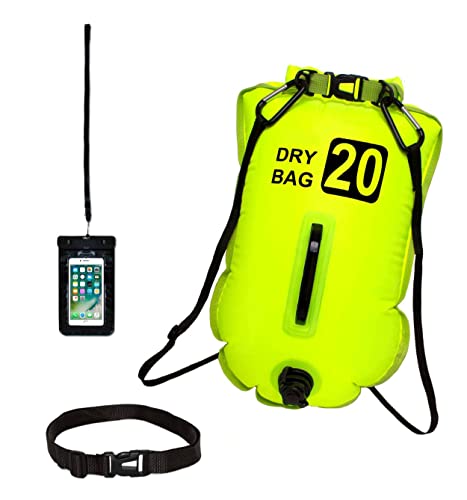 gemola Boje zum Schwimmen im offenen Wasser, aufblasbar, wasserdicht, mit verstellbarem Gürtel und wasserdichter Hülle für Handy, 3 Funktionen Boya, Rucksack, Kissen, 20 l, Gelb, Wasser-Taschen von gemola