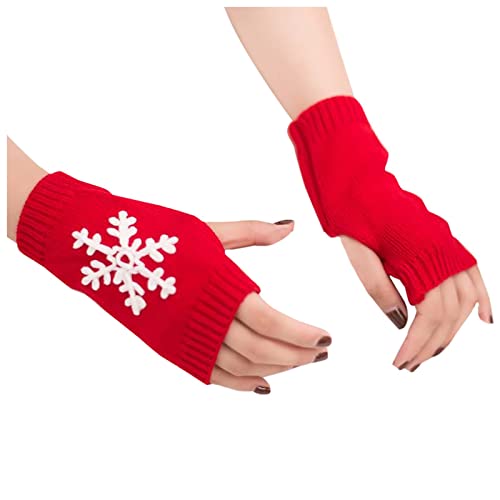 Damen Winterhandschuhe Schneeflocke Halbfinger Strick Handschuhe Winter Thermo Niedliche Fingerlose Weihnachten Fäustlinge Unisex Strickhandschuhe (Red, A) von generic