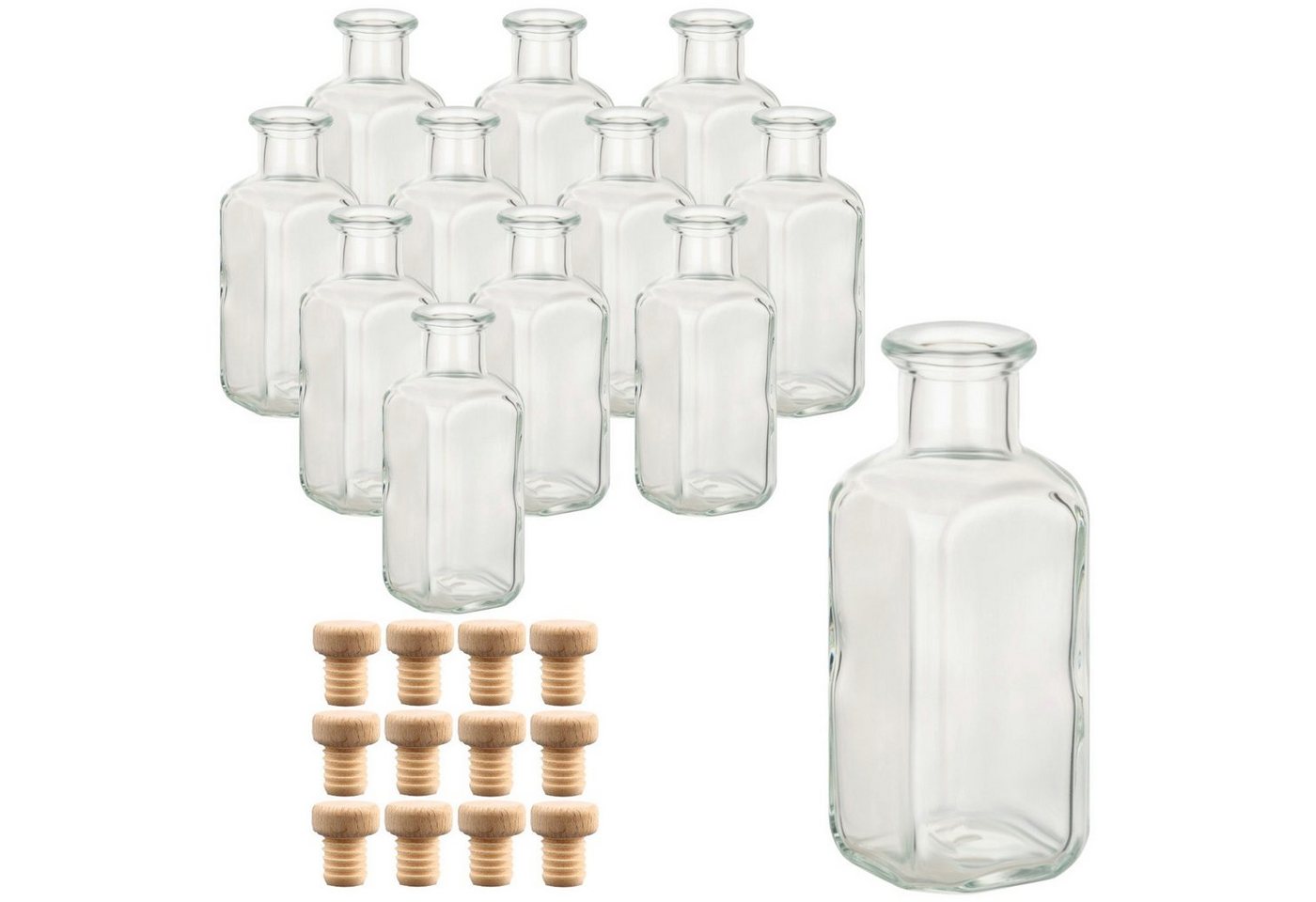 gouveo Trinkflasche Glasflaschen 100 ml Apotheker mit Korken zum Befüllen, 12er Set eckig Holzgriffkorken von gouveo