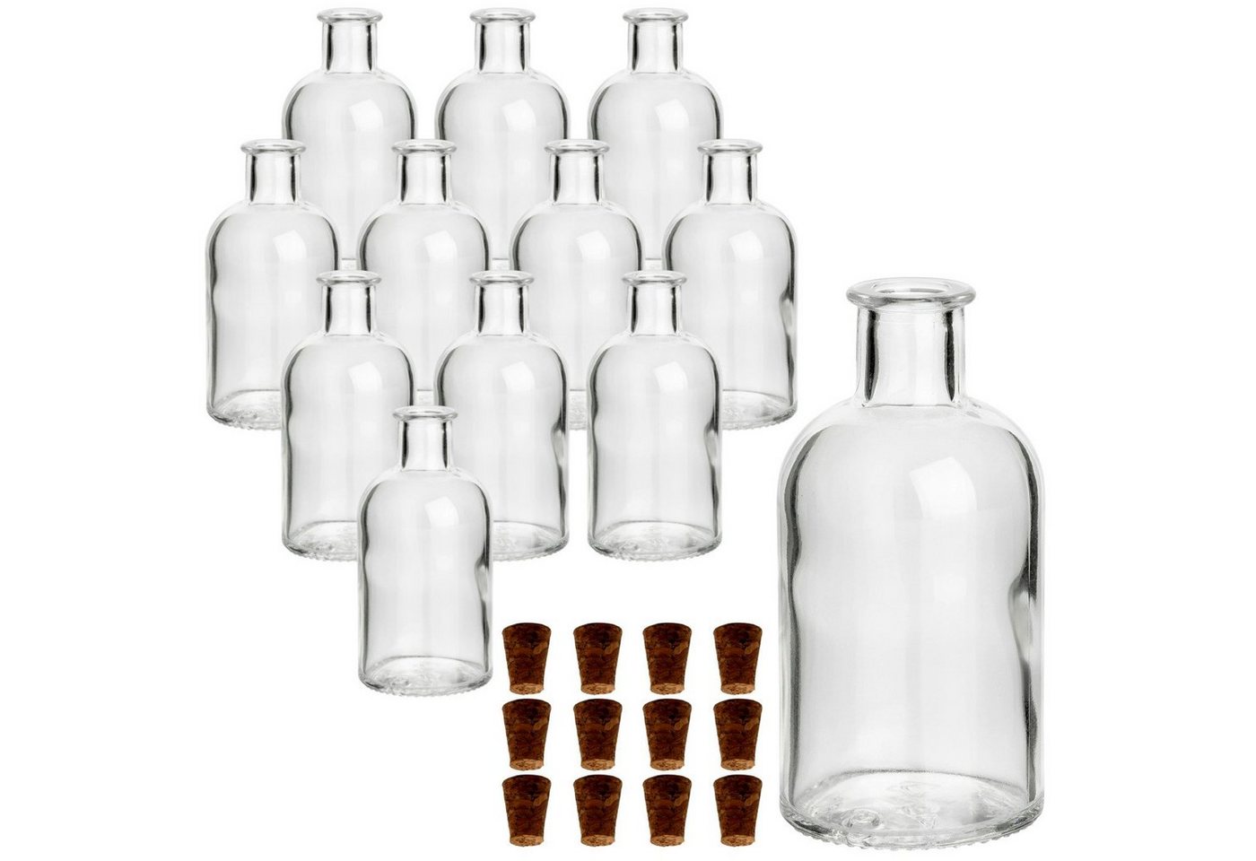 gouveo Trinkflasche Glasflaschen 100 ml Apotheker mit Korken zum Befüllen, 12er Set rund Spitzkorken von gouveo