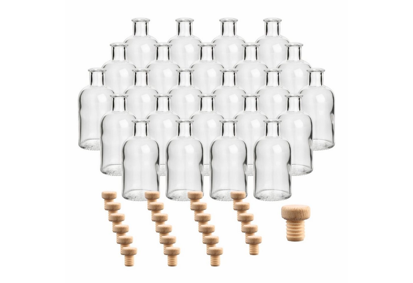 gouveo Trinkflasche Glasflaschen 100 ml Apotheker mit Korken zum Befüllen, 24er Set rund Holzgriffkorken von gouveo