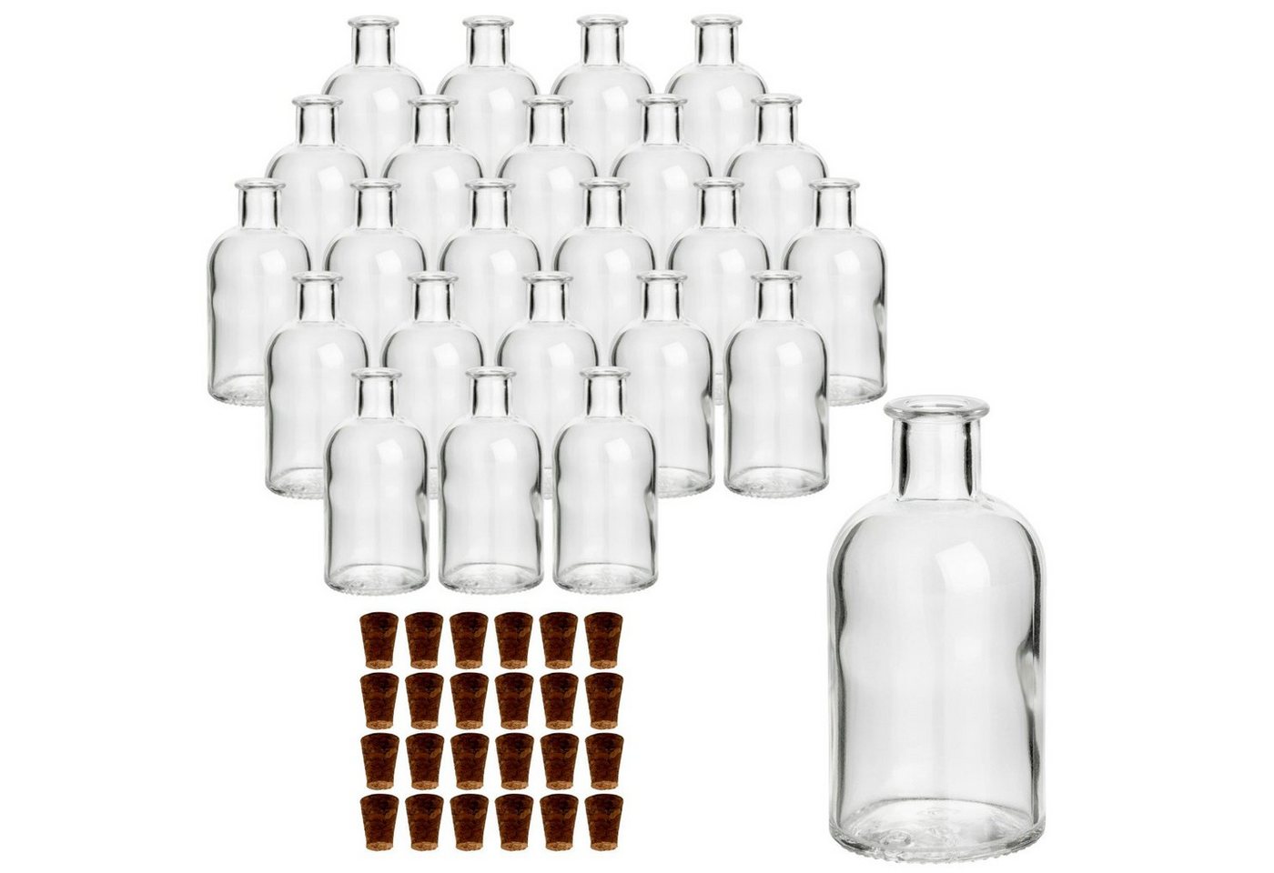 gouveo Trinkflasche Glasflaschen 100 ml Apotheker mit Korken zum Befüllen, 24er Set rund Spitzkorken von gouveo
