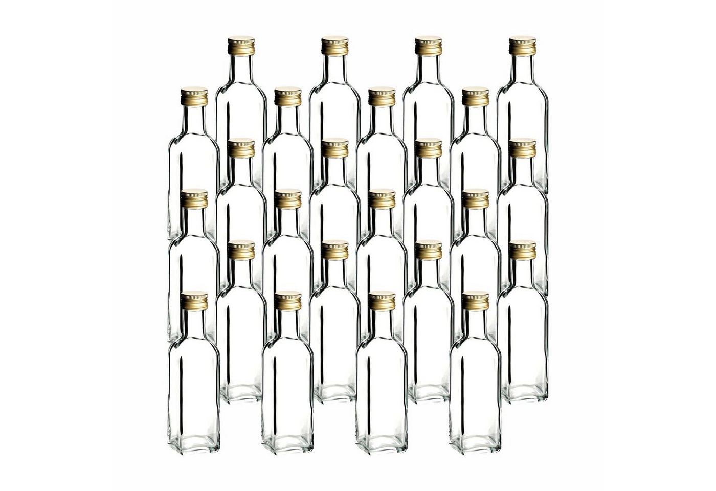 gouveo Trinkflasche Glasflaschen 100 ml Maraska mit Schraub-Deckel - Kleine Flasche 0,1l, 24er Set, transparent-goldfarben von gouveo