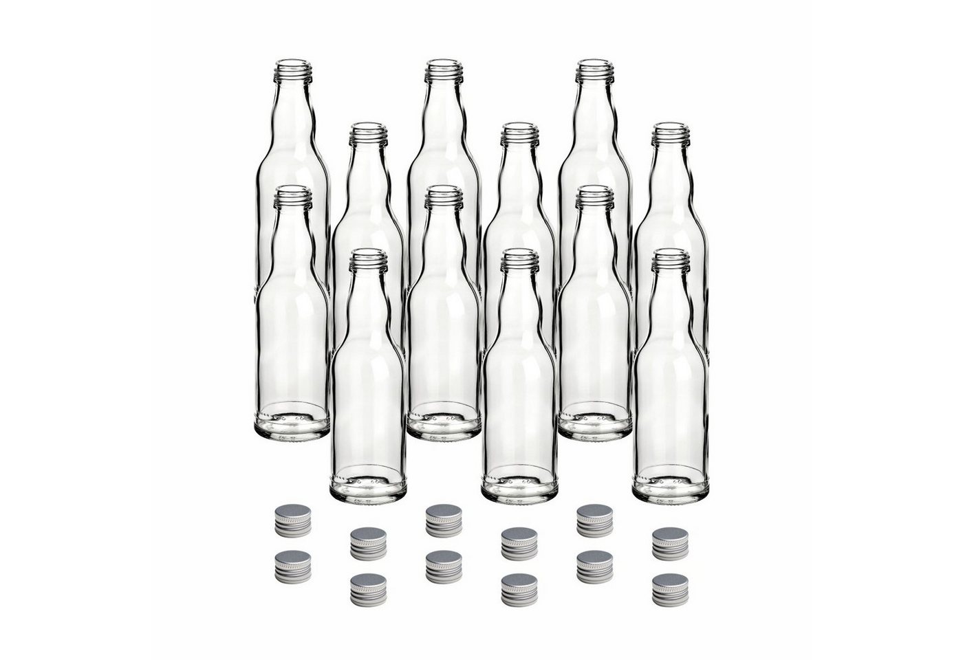 gouveo Trinkflasche Glasflaschen 200 ml Kropfhals mit Schraub-Deckel - Kleine Flasche 0,2l, 12er Set, silberfarben von gouveo