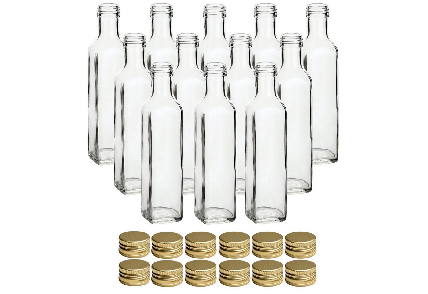 gouveo Trinkflasche Glasflaschen 250 ml Maraska mit Schraub-Deckel - Leere Likörflasche, 12er Set, goldfarben von gouveo