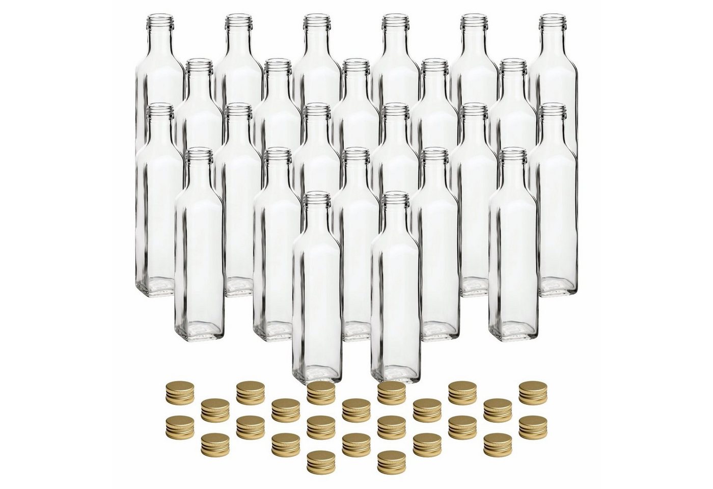 gouveo Trinkflasche Glasflaschen 250 ml Maraska mit Schraub-Deckel - Leere Likörflasche, 24er Set, goldfarben von gouveo