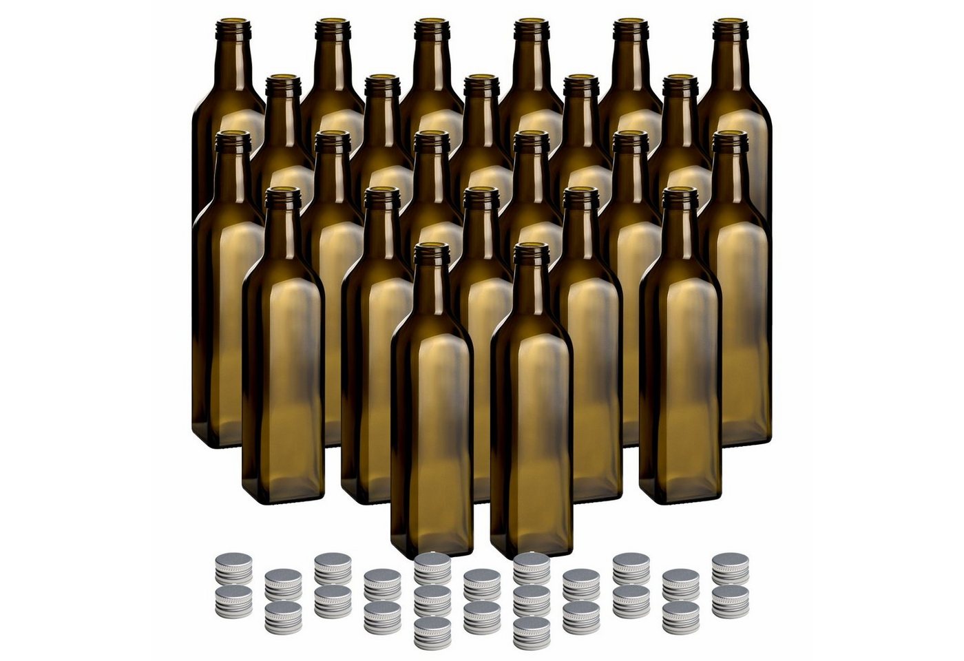 gouveo Trinkflasche Glasflaschen 500 ml Maraska -Antik- mit Schraub-Deckel - Grüne Flasche, 24er Set, silberfarben von gouveo