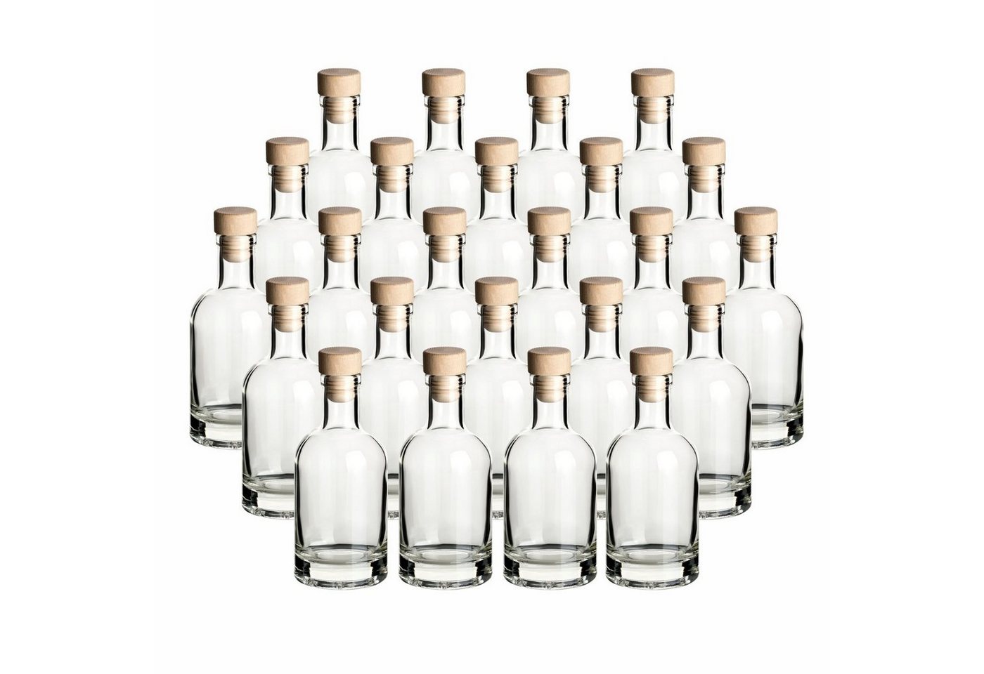 gouveo Trinkflasche Glasflaschen “Klassik” mit Korken - Runde Flasche aus Glas, 24er Set 200ml, transparent, Holzgriffkorken von gouveo