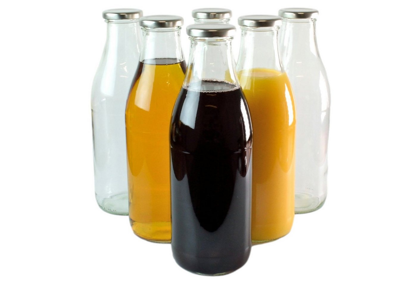 gouveo Trinkflasche Saftflaschen 1000 ml mit Schraub-Deckel - Große Flasche 1,0 l aus Glas, 6er Set, silberfarben von gouveo