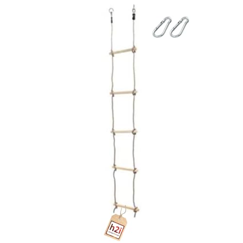 h2i Strickleiter für Kinder | Kletterleiter mit 5 Holzsprossen | Hängeleiter aus Holz | Seilleiter inkl. Karabiner | Outdoor Kletterspielzeug | Höhe 180 cm von h2i