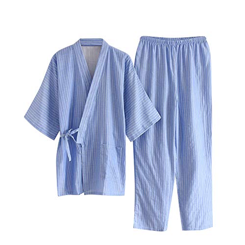 Morgenmantel Zweiteilig Kimono Nachtwäsche Damen Herren Bademantel Baumwolle Nachthemd Gestreift Hausanzug Langarm Bequem Sleepwear Set V-Ausschnitt Schlafshirt Weich Pyjama mit Tasche von haozaikeji