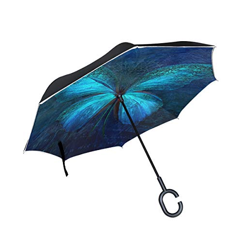 hengpai Blauer Schmetterling umgekehrt nach außen Regenschirm Autos Unigue winddicht UV-beständig doppellagig für Frauen von hengpai