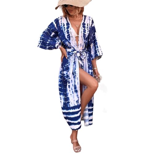 hgnxa Langer Kimono-Überzug mit Taillenband für Damen, vorne offen, Badeanzug, Cardigans, Strand, langer Kimono, zum Überziehen der Sonne von hgnxa