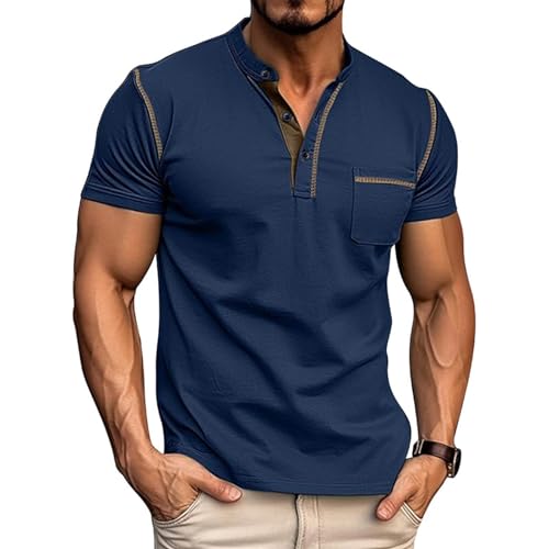 hixswnu Mens Kurzarm Henley Shirts Casual Komfortable Baumwolle T-Shirt Raglan Sleeve Sommer Vintage Button Tops,Navy Blue,XXL von hixswnu