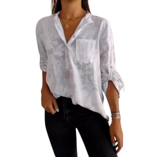 hnomrsk Lässiges Oberteil für Damen, bedruckt, mit verstellbaren Ärmeln, Button-Down-Paillettenhemd, V-Ausschnitt, halbe Knöpfe, bedrucktes Shirt, weiß, M hnomrsk Lässiges Oberteil für Damen, bedruckt, mit verstellbaren Ärmeln, Button-Down-Paillettenhemd, V-Ausschnitt, halbe Knöpfe, bedrucktes Shirt, weiß, M von hnomrsk