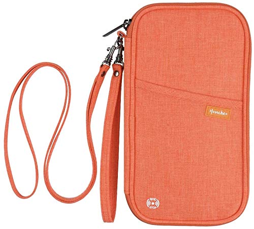 RFID Blocker Familie Reisepass Brieftasche, Reisepass Dokumenten Organizer mit Zwei Abnehmbaren Trägern für Männer Frauen(Orange) von homchen