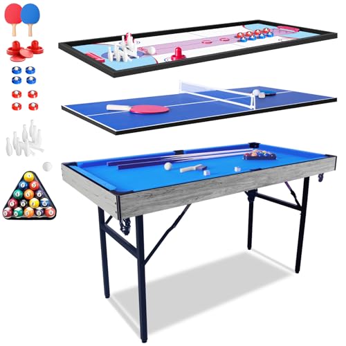 homelikesport 5 in 1 Zusammenklappbar Billardtisch, Pooltisch, Tischtennisplatte,Bowling/Kegeln,Air Hockey,Shuffleboard,Spieltisch mit 2 Queues, Kugelset, Dreieck, ca.137 x 68.5X 78.5cm von homelikesport